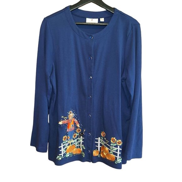 Quacker Factory‎ Halloween Cardigan Womens L Blue Embroidered Snap Front - Picture 1 of 12